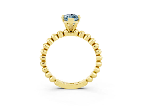 Yellow gold Marquise Cut Aquamarine Solitaire Ring with Beaded Band and Prong Setting