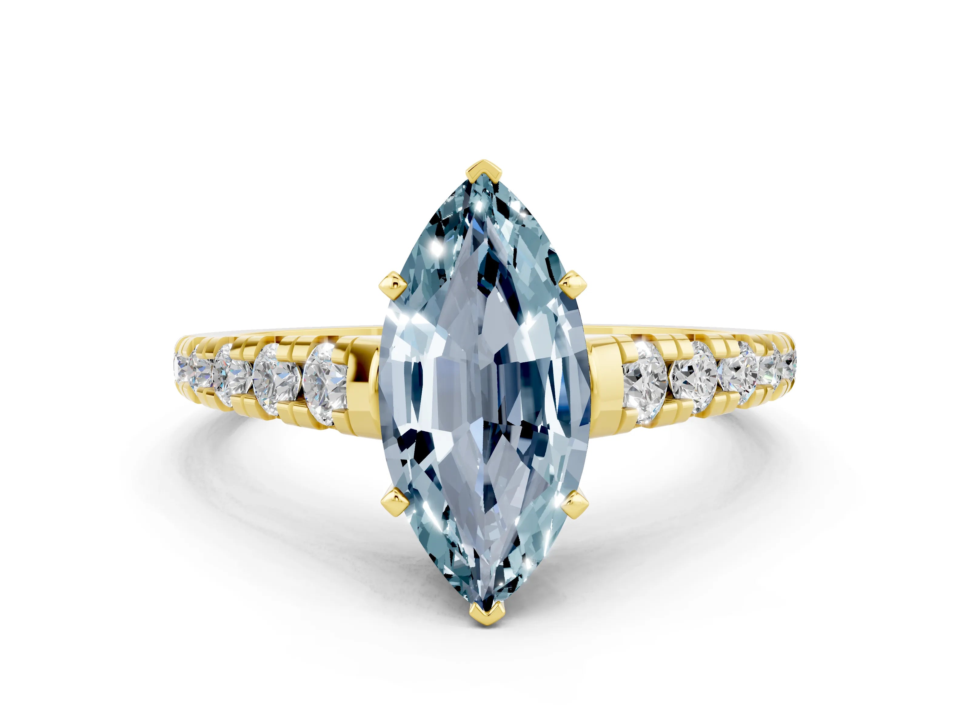 Yellow gold Marquise Cut Aquamarine Solitaire Ring with Cathedral Setting and Pavé Band