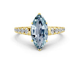 Yellow gold Marquise Cut Aquamarine Solitaire Ring with Cathedral Setting and Pavé Band
