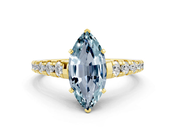 Yellow gold Marquise Cut Aquamarine Cathedral Solitaire Ring with Round  Pavé Band