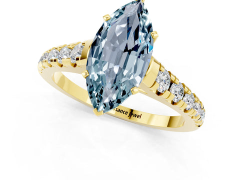 Yellow gold Marquise Cut Aquamarine Solitaire Ring with Cathedral Setting and Pavé Band_1