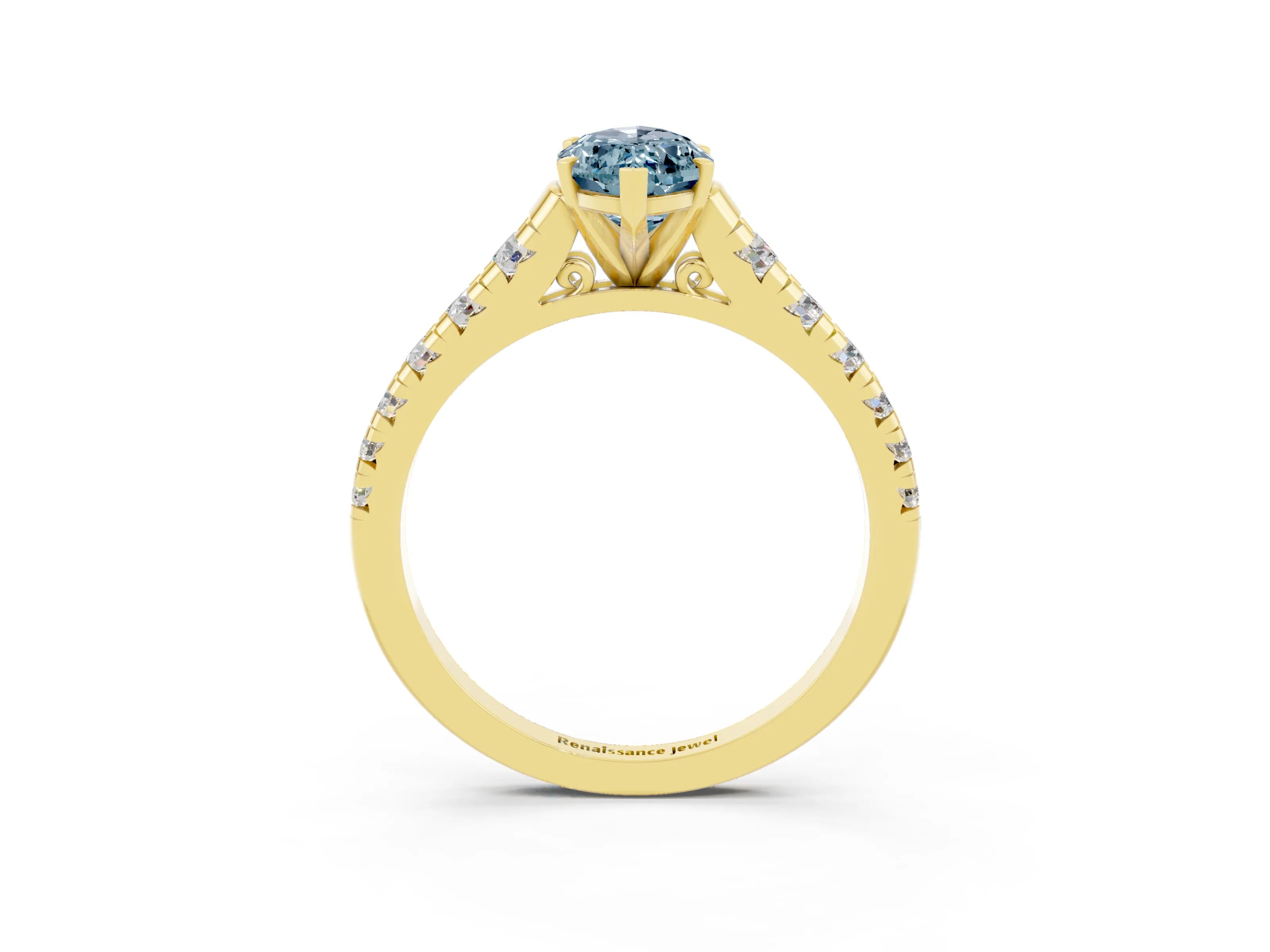 Yellow gold Marquise Cut Aquamarine Solitaire Ring with Cathedral Setting and Pavé Band_3