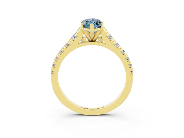 Yellow gold Marquise Cut Aquamarine Cathedral Solitaire Ring with Round  Pavé Band