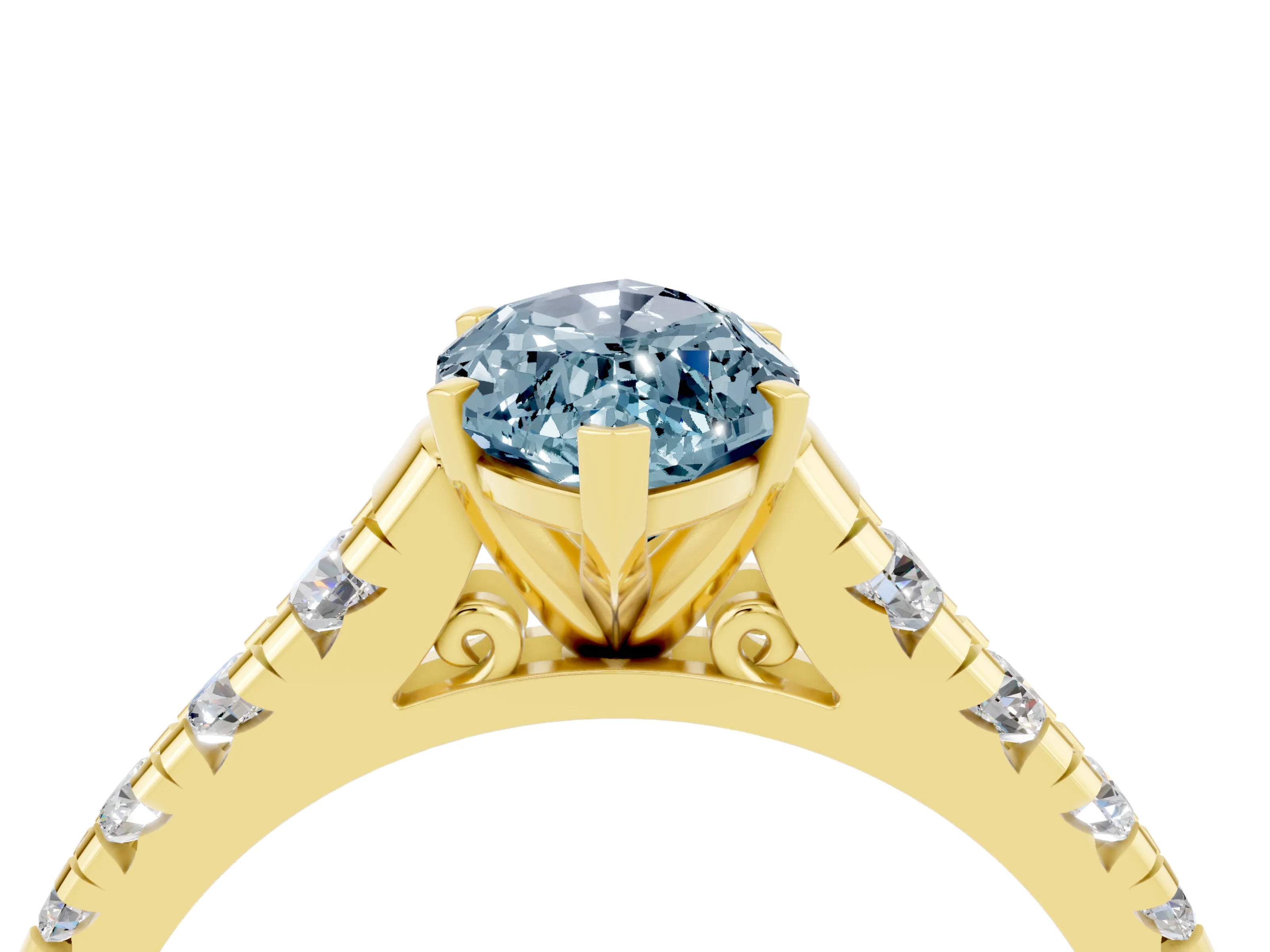 Yellow gold Marquise Cut Aquamarine Solitaire Ring with Cathedral Setting and Pavé Band_4
