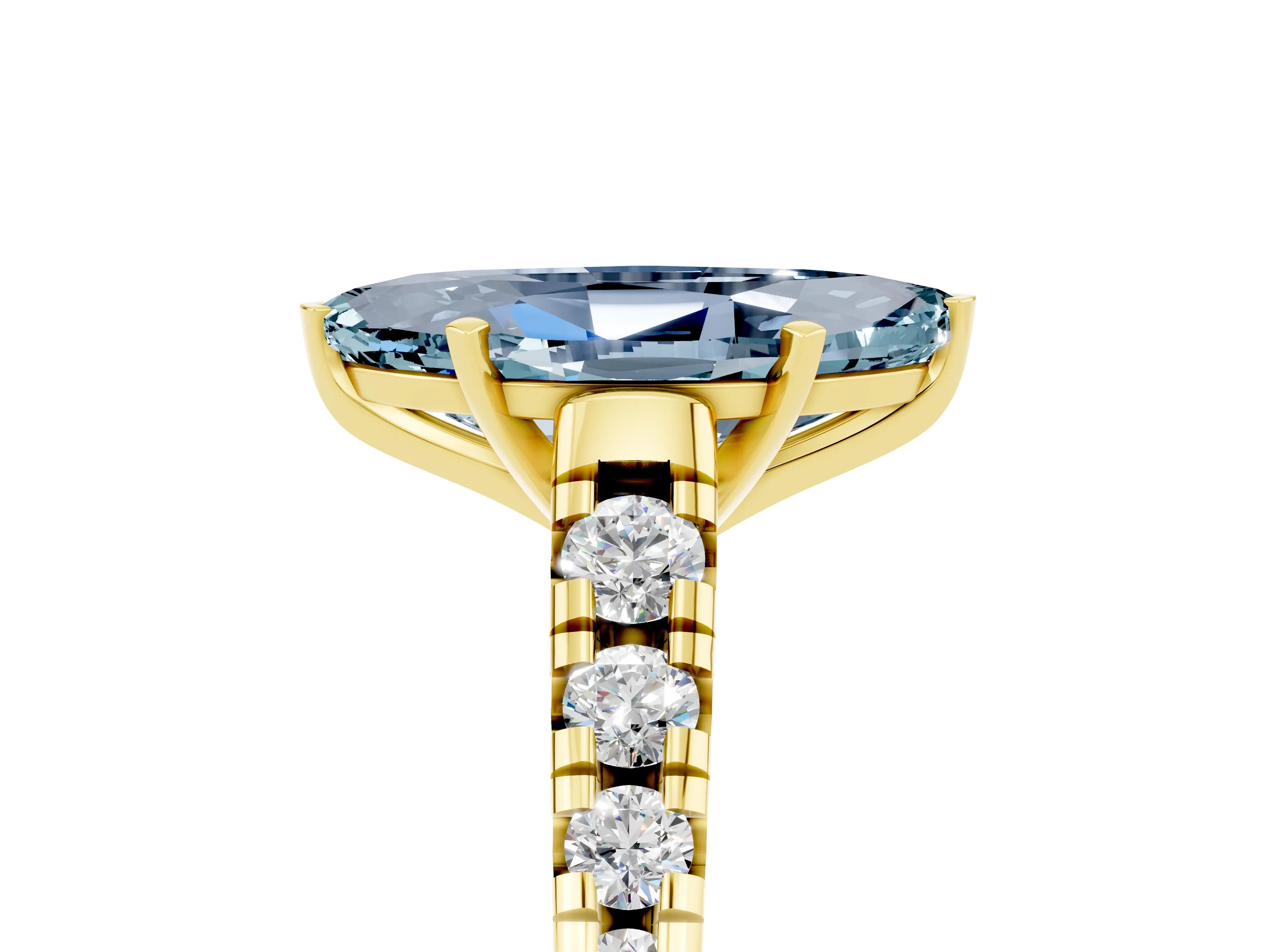 Yellow gold Marquise Cut Aquamarine Solitaire Ring with Cathedral Setting and Pavé Band_5