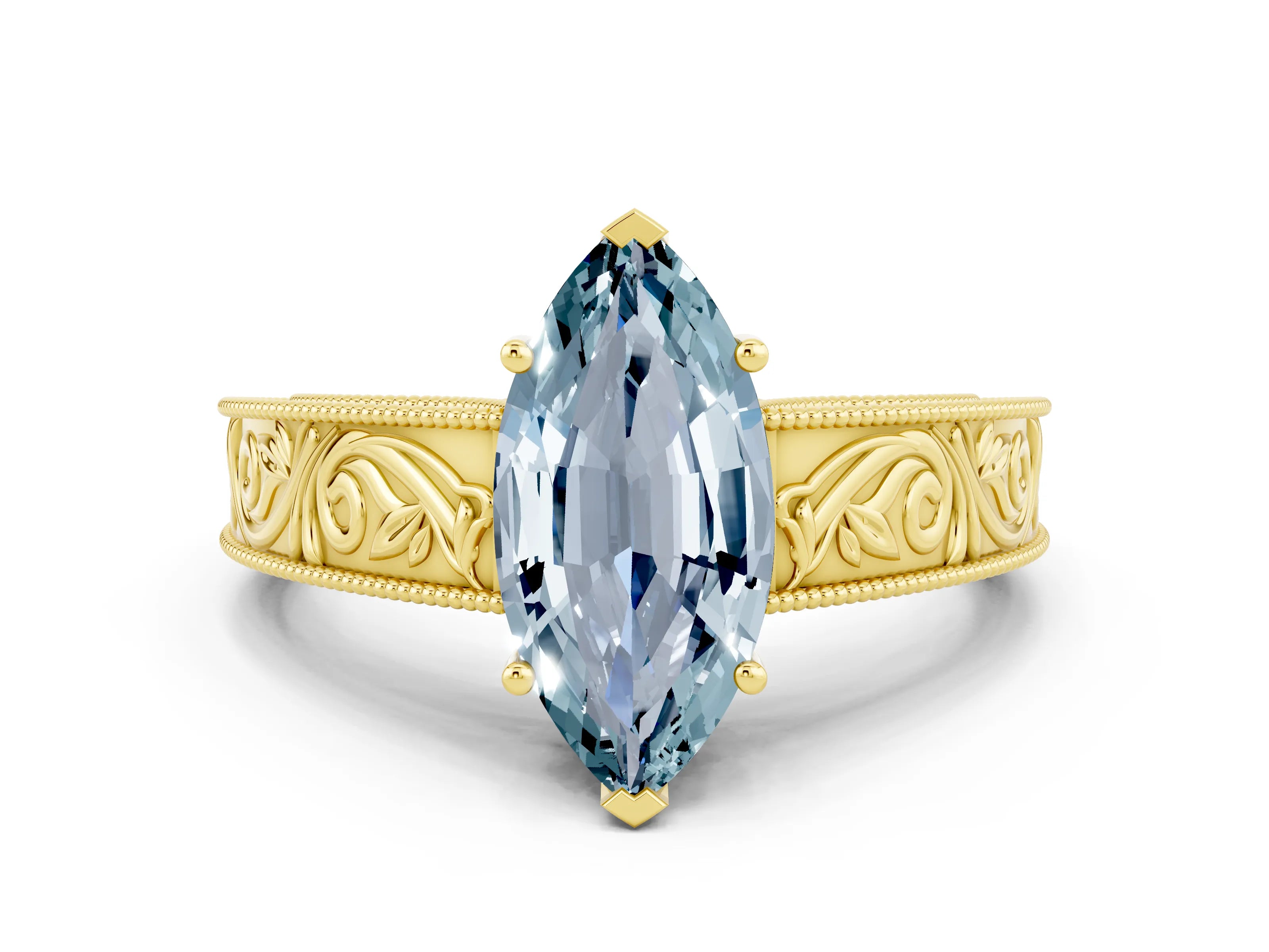 Yellow gold Marquise Cut Aquamarine Solitaire Ring with Engraved Band and Four-Prong Setting