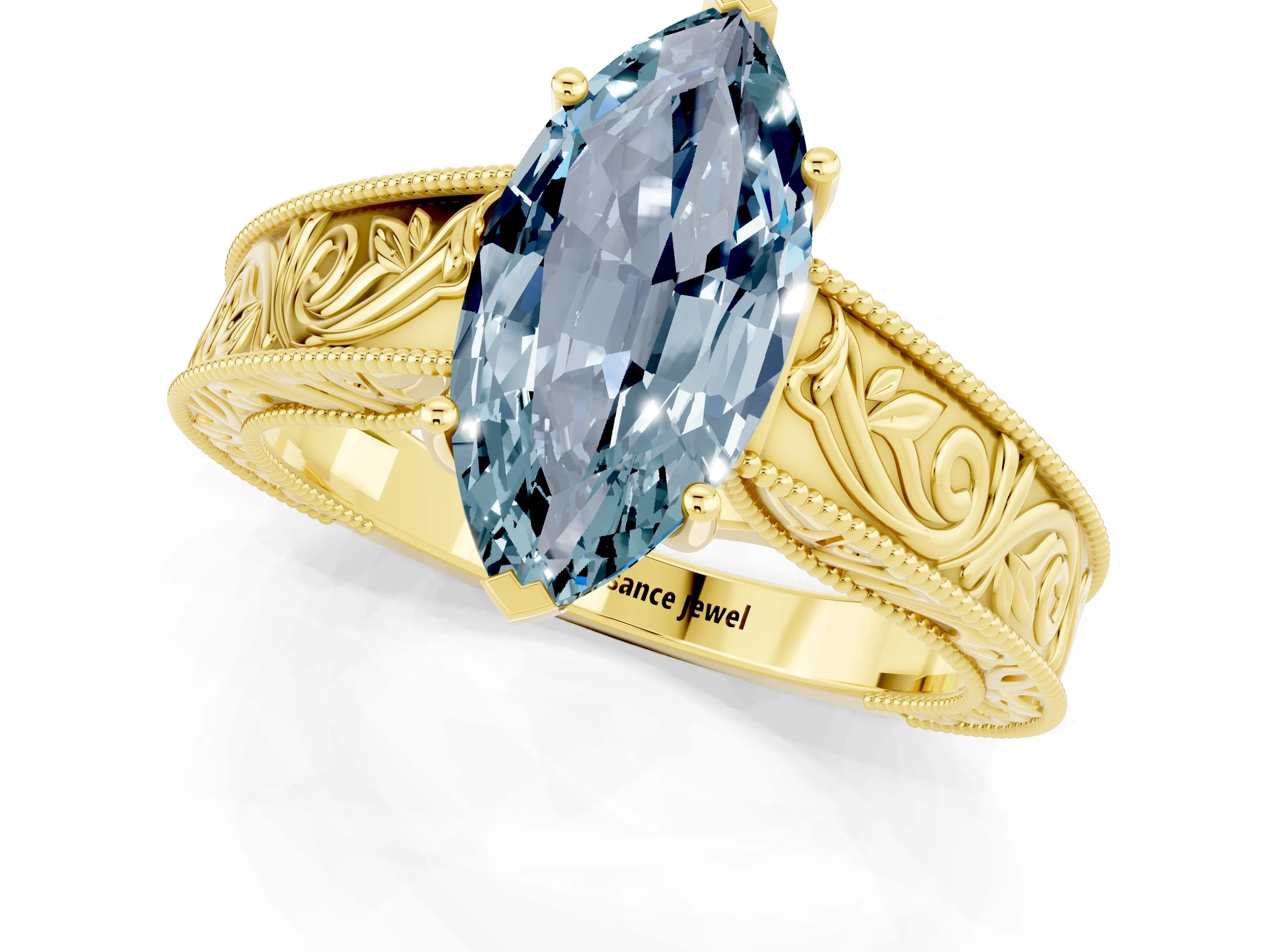 Yellow gold Marquise Cut Aquamarine Solitaire Ring with Engraved Band and Four-Prong Setting_1