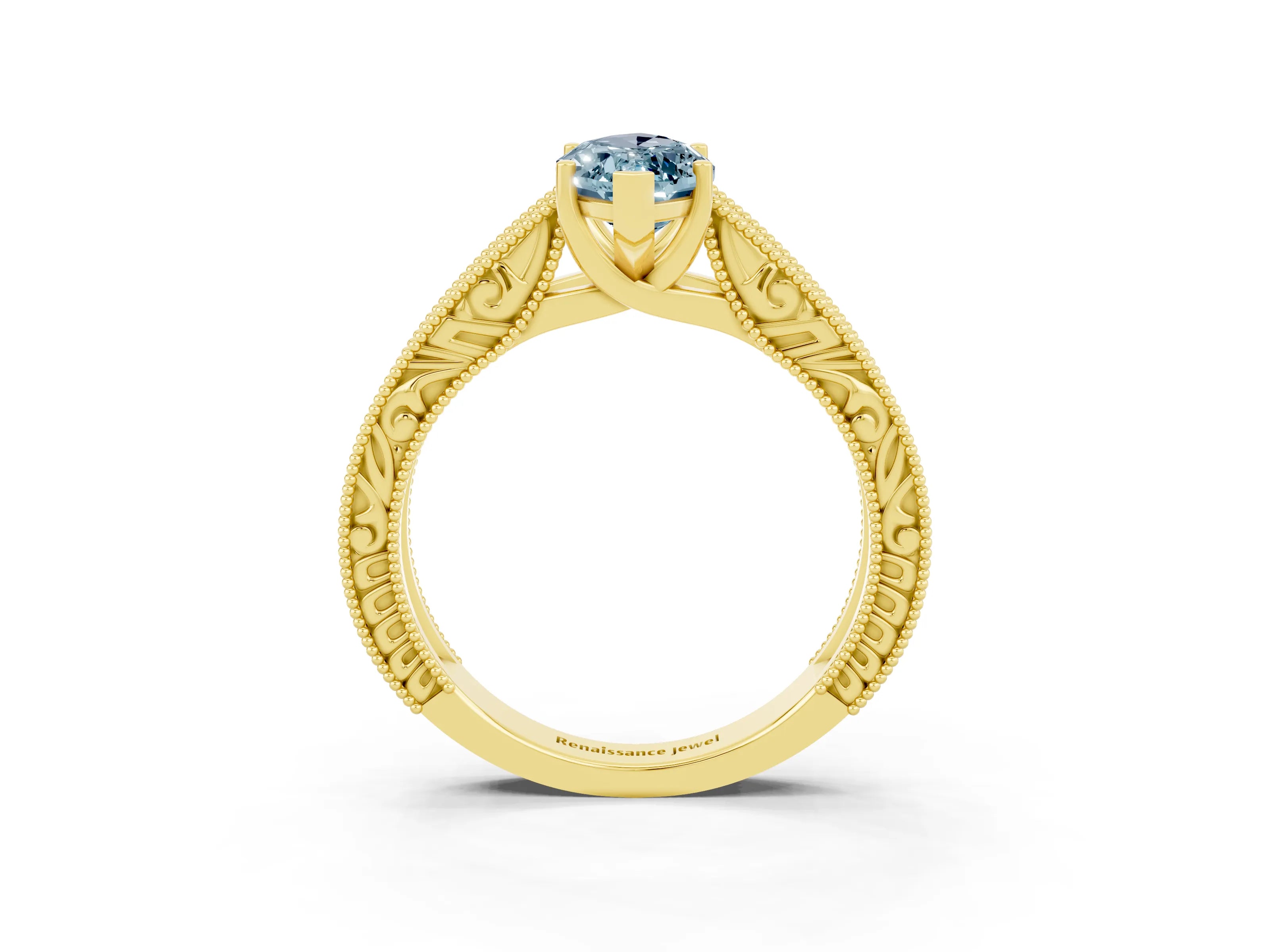 Yellow gold Marquise Cut Aquamarine Solitaire Ring with Engraved Band and Four-Prong Setting_3