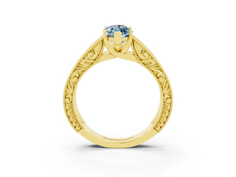 Yellow gold Marquise Cut Aquamarine Solitaire Ring with Engraved Band and Four-Prong Setting_3