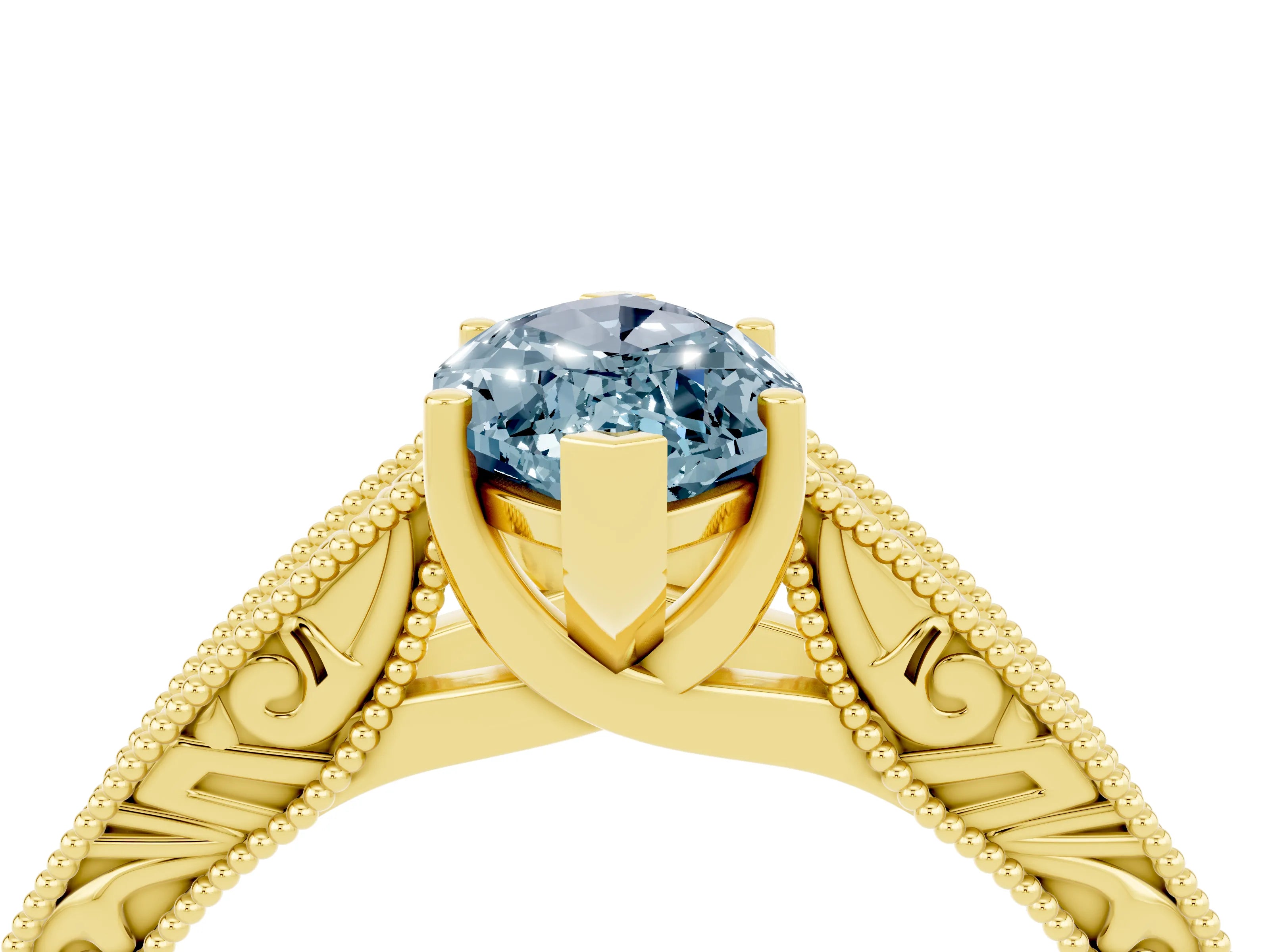 Yellow gold Marquise Cut Aquamarine Solitaire Ring with Engraved Band and Four-Prong Setting_4