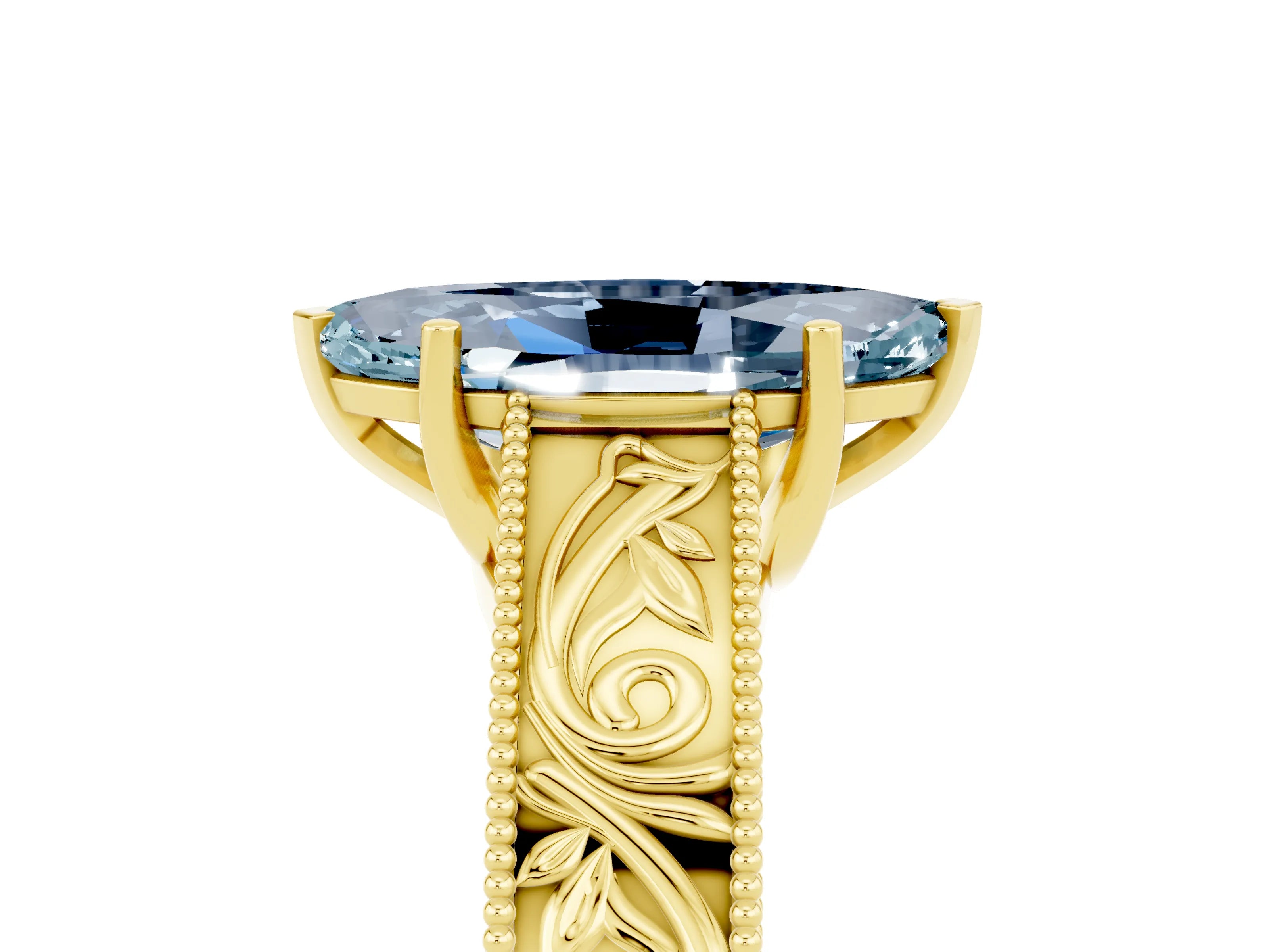 Yellow gold Marquise Cut Aquamarine Solitaire Ring with Engraved Band and Four-Prong Setting_5