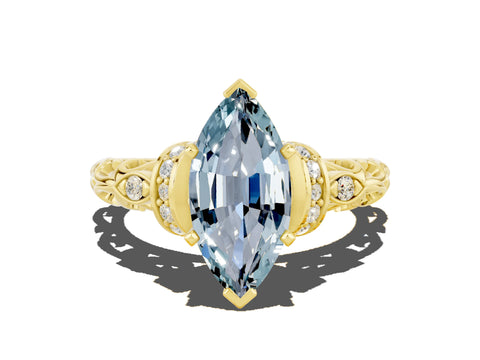 Yellow gold Marquise Cut Aquamarine Solitaire Ring with Filigree Band and Four-Prong Setting_24
