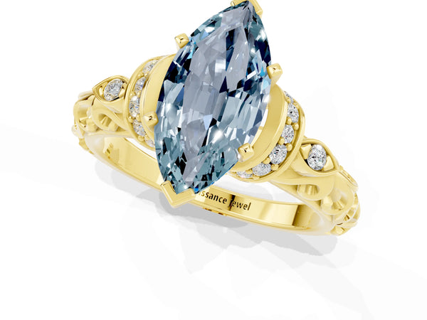 Yellow gold Marquise Cut Aquamarine Solitaire Ring with Filigree Band and Four-Prong Setting