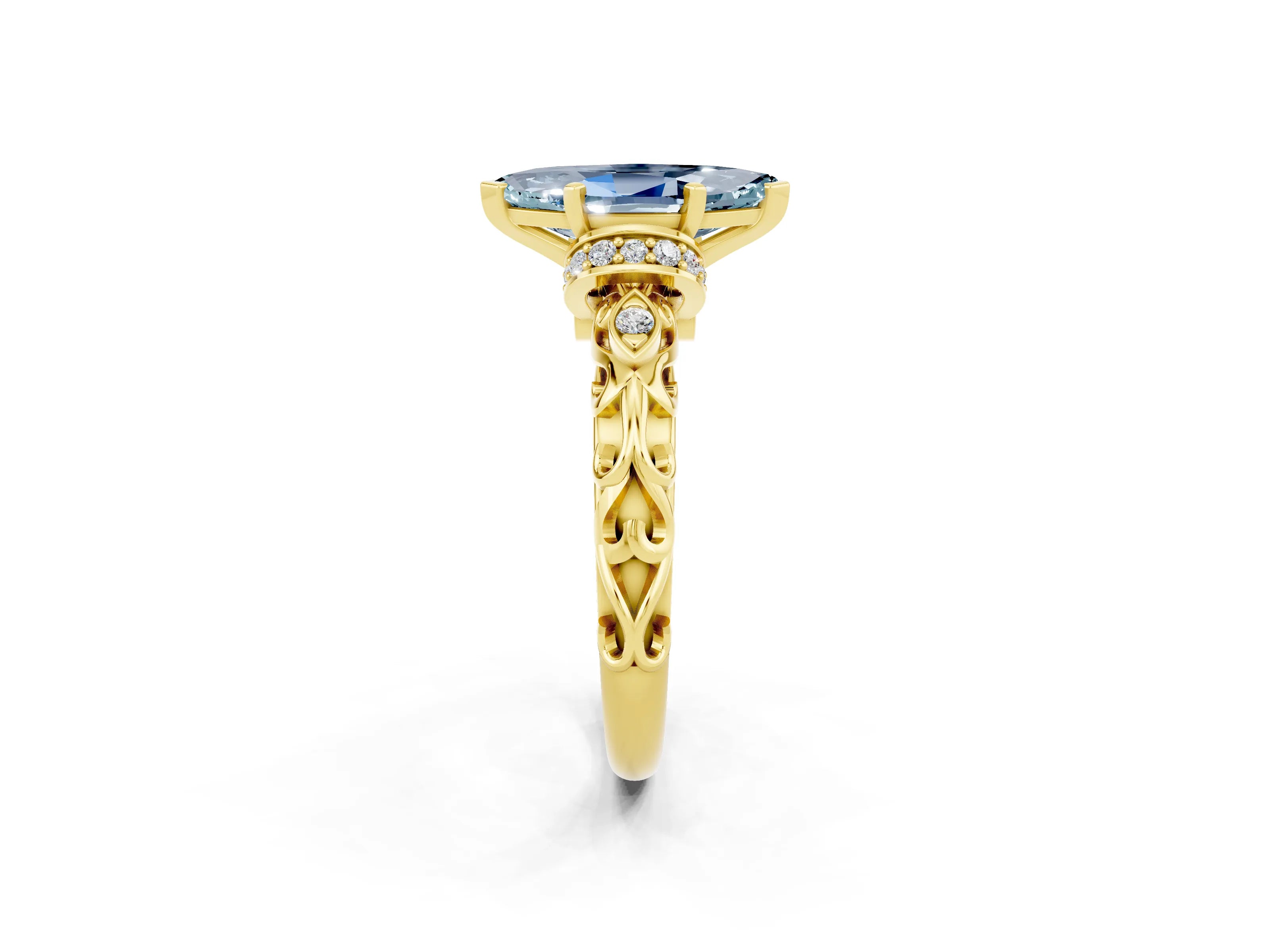 Yellow gold Marquise Cut Aquamarine Solitaire Ring with Filigree Band and Four-Prong Setting_26