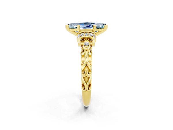Yellow gold Marquise Cut Aquamarine Solitaire Ring with Filigree Band and Four-Prong Setting