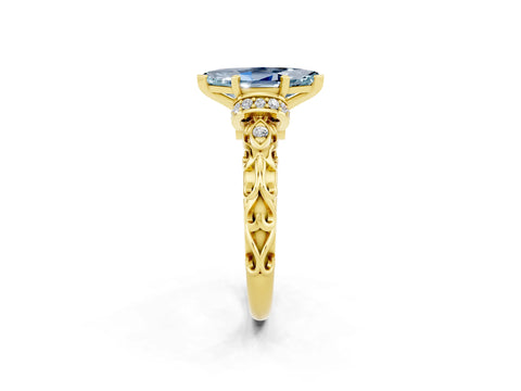Yellow gold Marquise Cut Aquamarine Solitaire Ring with Filigree Band and Four-Prong Setting_26