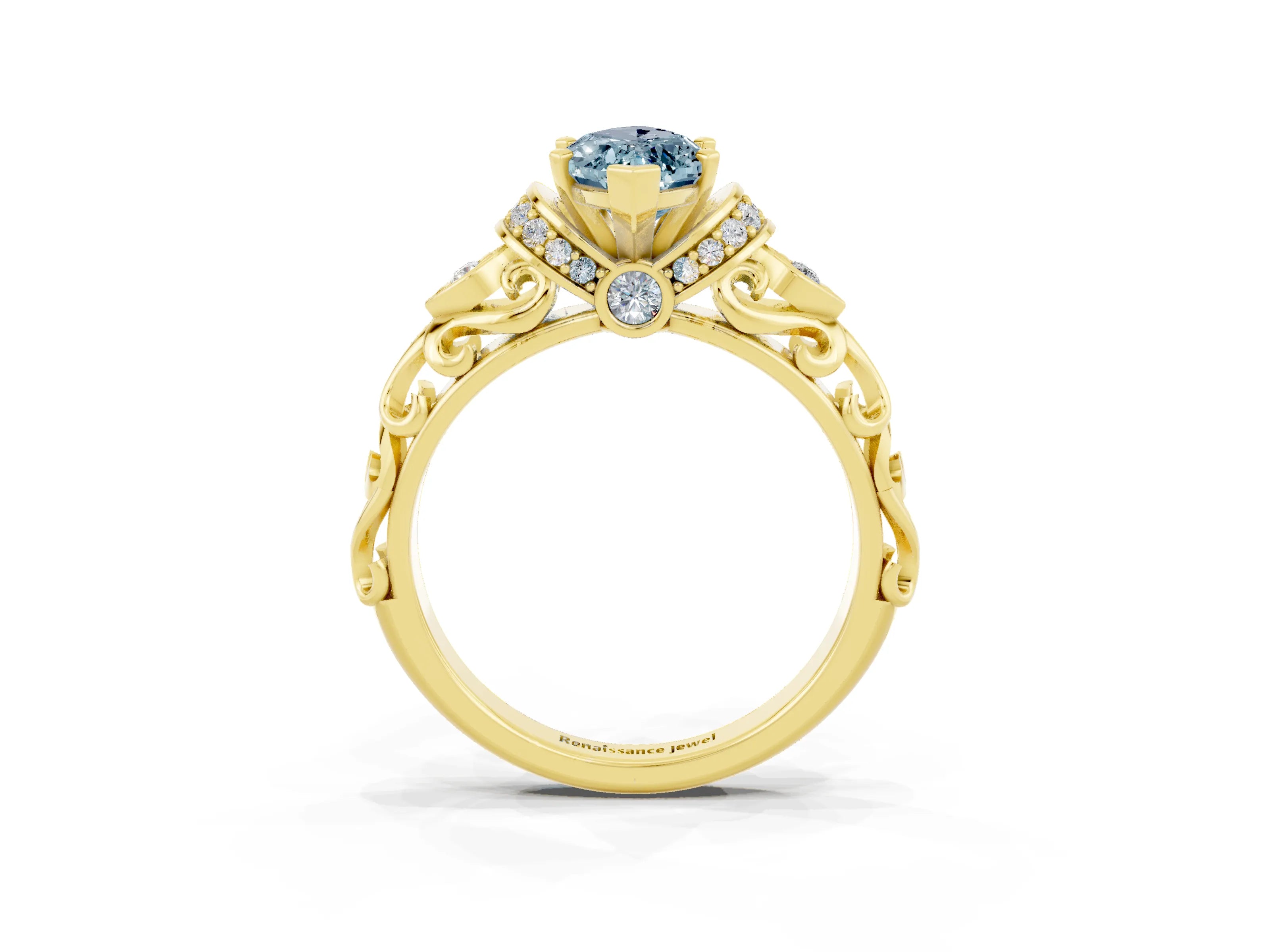 Yellow gold Marquise Cut Aquamarine Solitaire Ring with Filigree Band and Four-Prong Setting_27