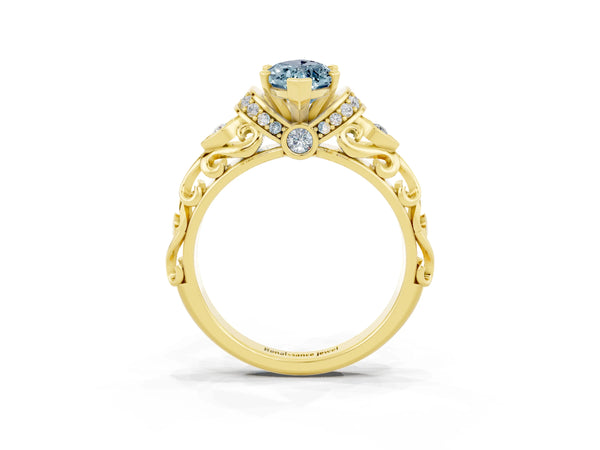 Yellow gold Marquise Cut Aquamarine Solitaire Ring with Filigree Band and Four-Prong Setting
