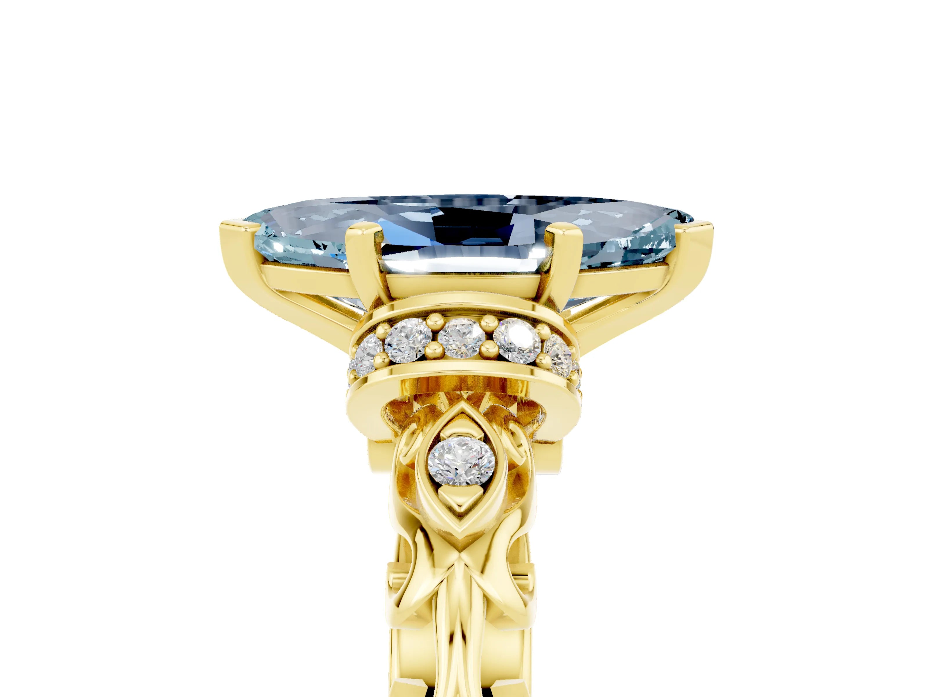 Yellow gold Marquise Cut Aquamarine Solitaire Ring with Filigree Band and Four-Prong Setting_29
