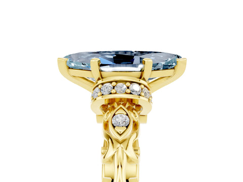 Yellow gold Marquise Cut Aquamarine Solitaire Ring with Filigree Band and Four-Prong Setting_29