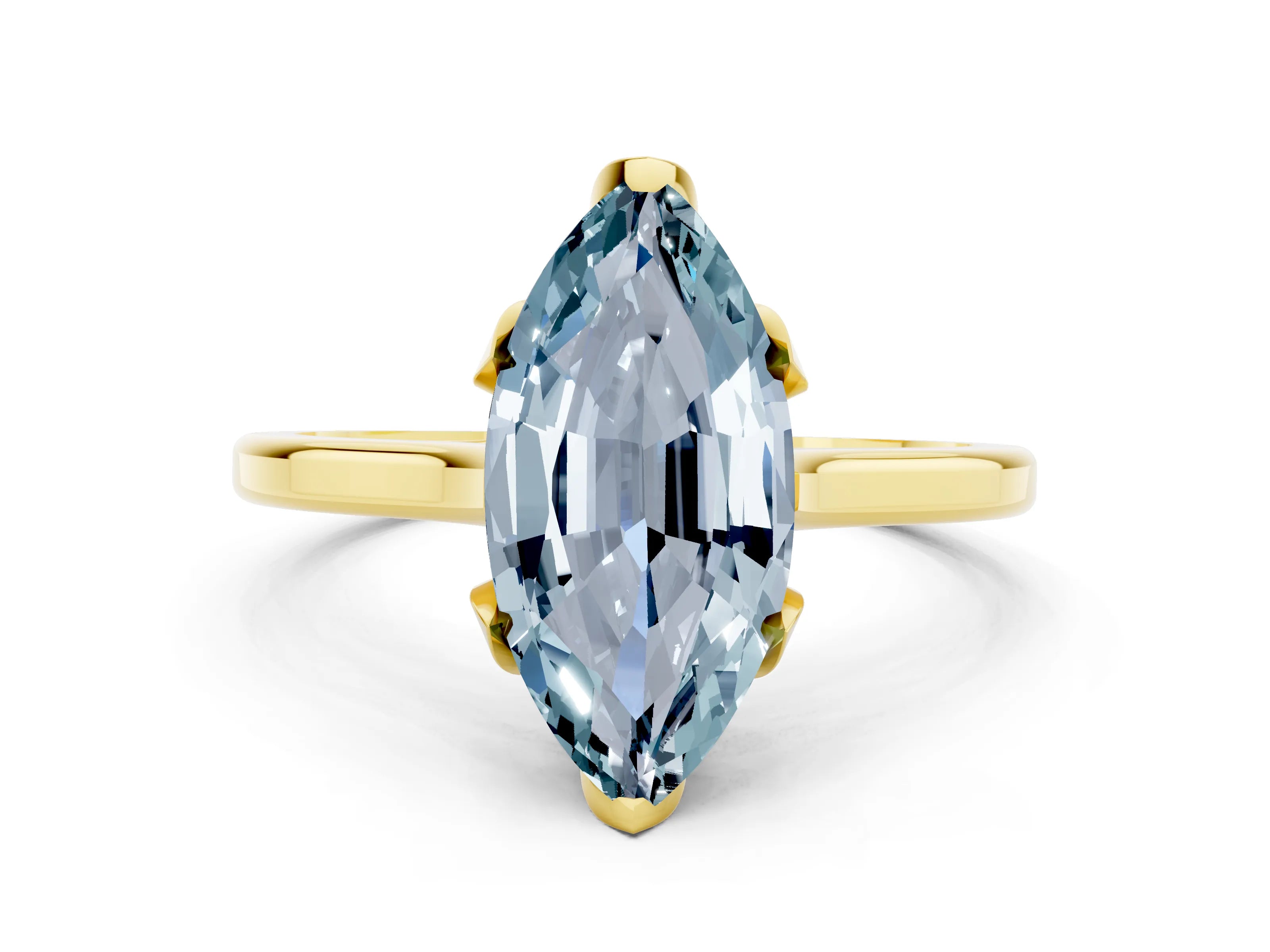 Yellow gold Marquise Cut Aquamarine Solitaire Ring with Flower Prong Setting and Classic Band_12