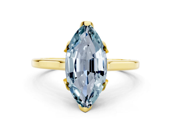 Yellow gold Marquise Cut Aquamarine Solitaire Ring with Flower Prong Setting and Classic Band