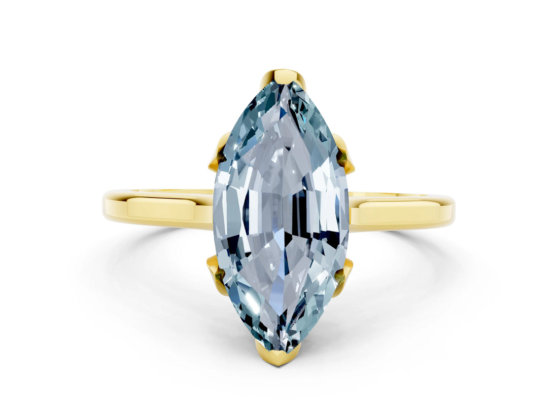 Yellow gold Marquise Cut Aquamarine Solitaire Ring with Flower Prong Setting and Classic Band_12
