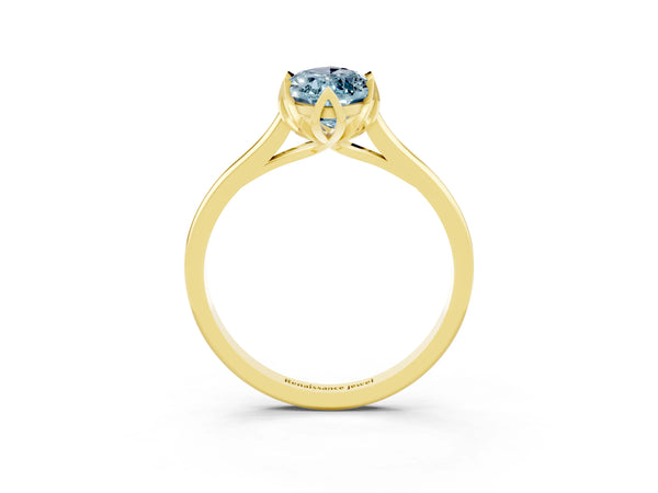 Yellow gold Marquise Cut Aquamarine Solitaire Ring with Flower Prong Setting and Classic Band