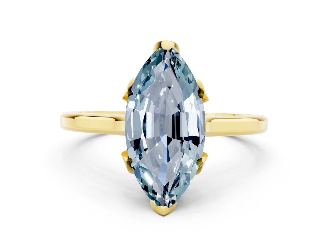 Yellow gold Marquise Cut Aquamarine Solitaire Ring with Flower Prong Setting and Classic Band_36