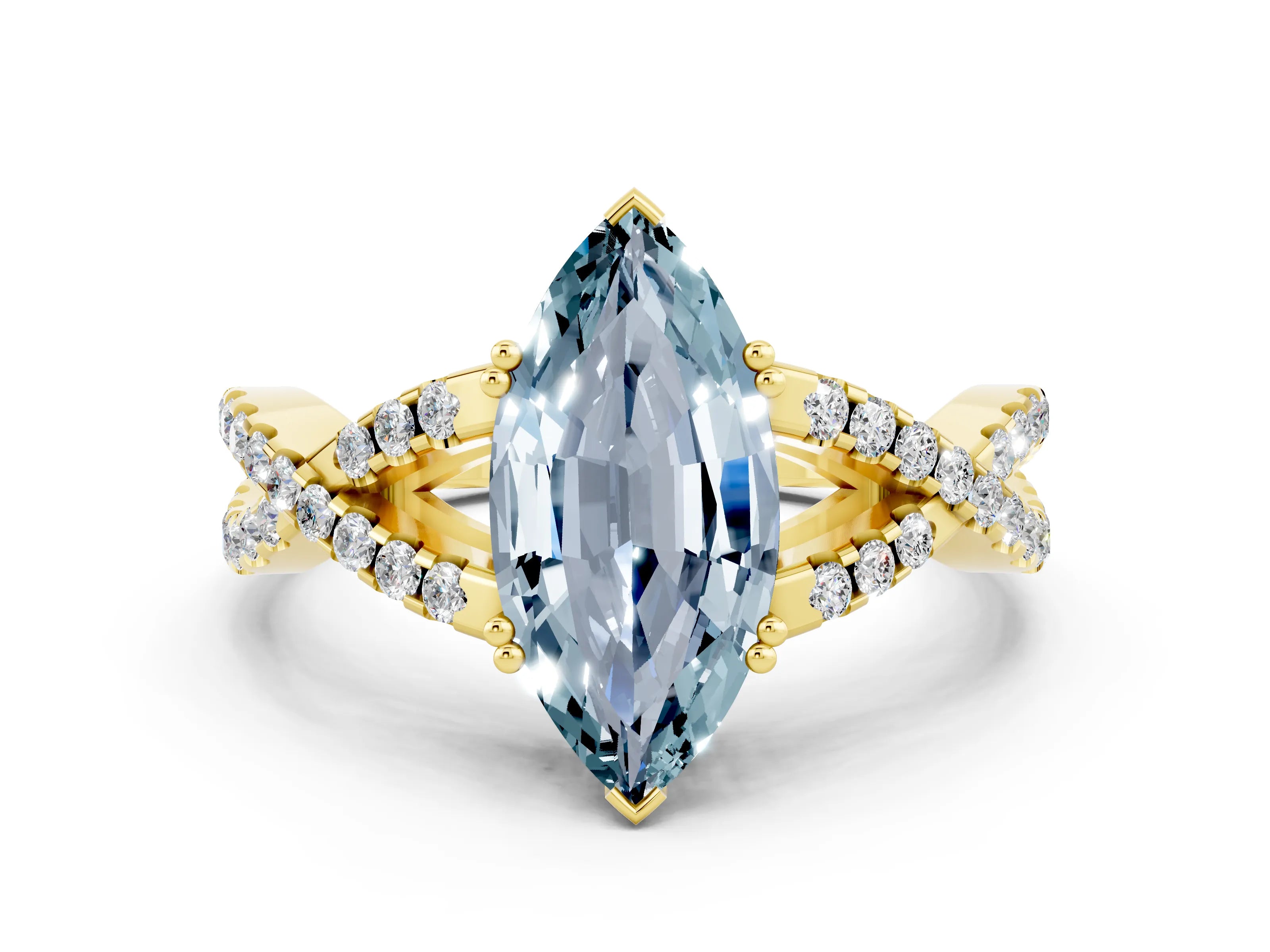 Yellow gold Marquise Cut Aquamarine Solitaire Ring with Four-Prong Setting and Twisted Pavé Band