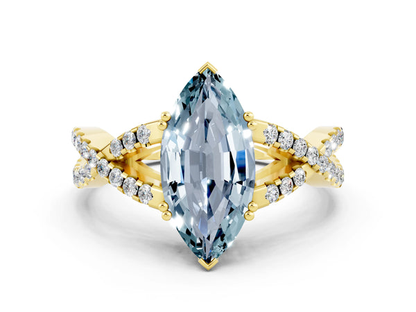 Yellow gold Marquise Cut Aquamarine Solitaire Ring with Four-Prong Setting and Twisted Pavé Band