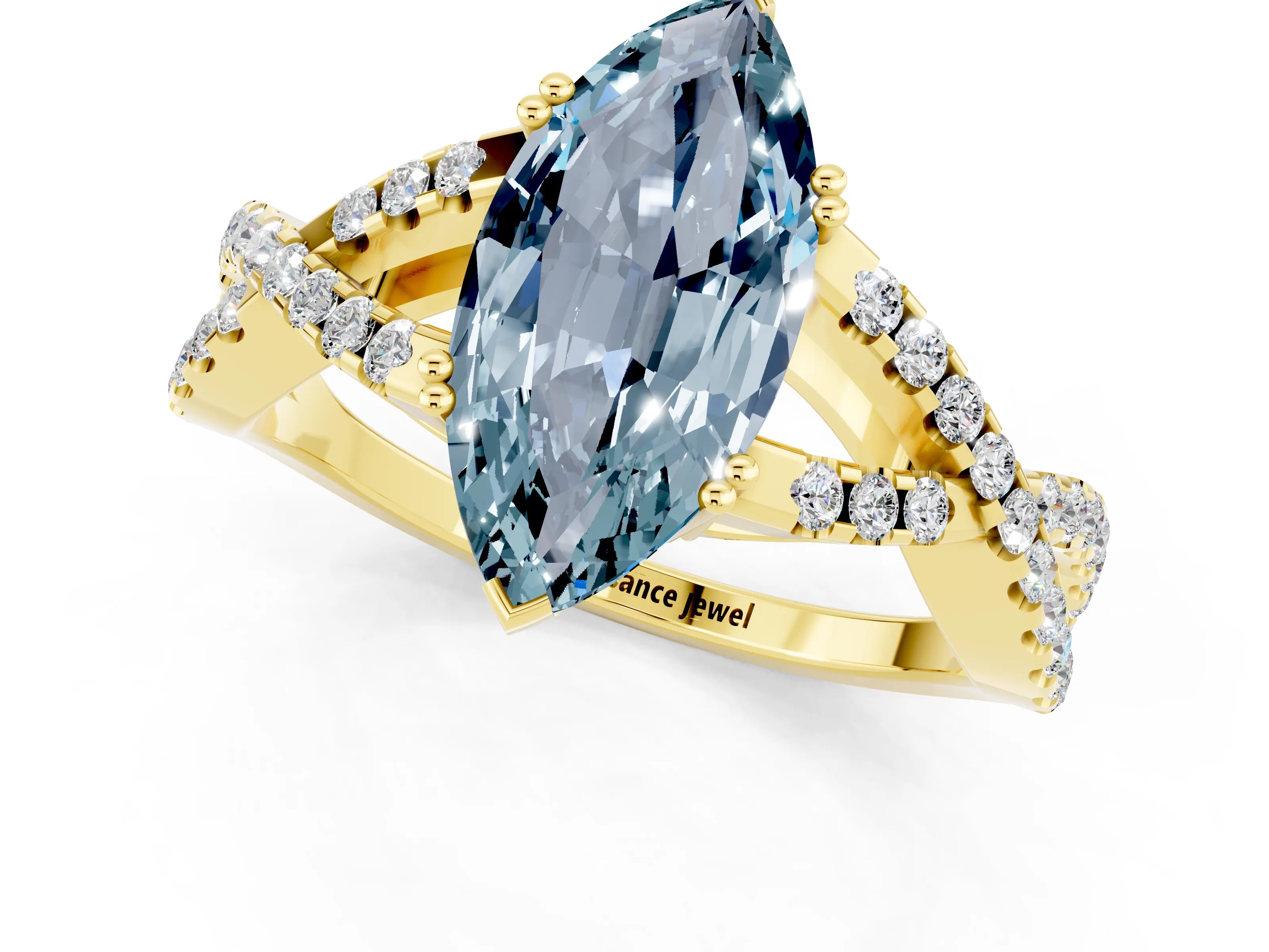 Yellow gold Marquise Cut Aquamarine Solitaire Ring with Four-Prong Setting and Twisted Pavé Band_1