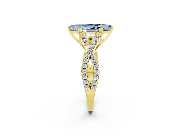 Yellow gold Marquise Cut Aquamarine Solitaire Ring with Four-Prong Setting and Twisted Pavé Band