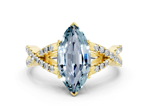 Yellow gold Marquise Cut Aquamarine Solitaire Ring with Four-Prong Setting and Twisted Pavé Band