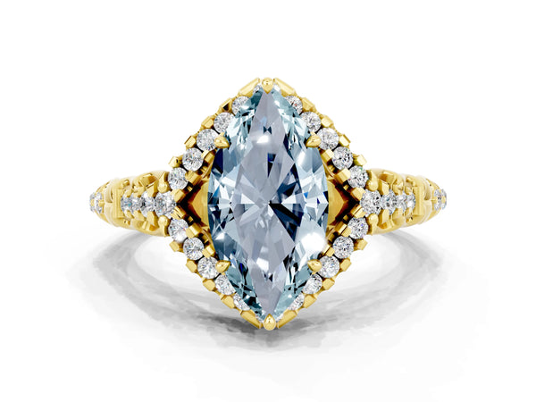Yellow gold Marquise Cut Aquamarine Solitaire Ring with Hidden Halo and Pavé Band
