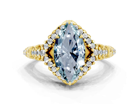 Yellow gold Marquise Cut Aquamarine Solitaire Ring with Hidden Halo and Pavé Band_34