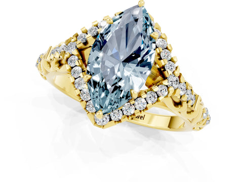 Yellow gold Marquise Cut Aquamarine Solitaire Ring with Hidden Halo and Pavé Band_35