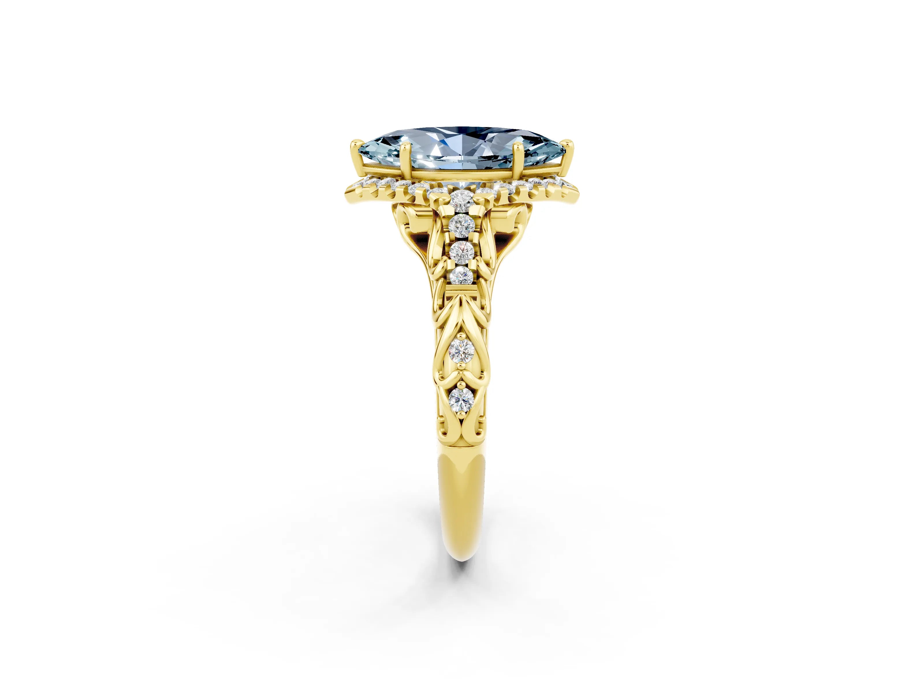 Yellow gold Marquise Cut Aquamarine Solitaire Ring with Hidden Halo and Pavé Band_36