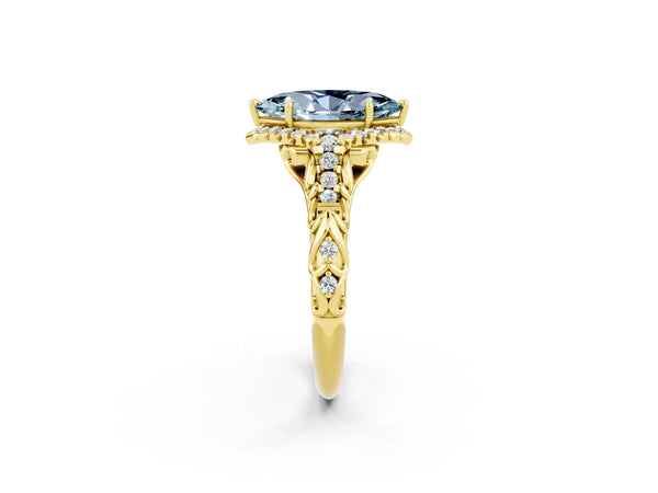 Yellow gold Marquise Cut Aquamarine Solitaire Ring with Hidden Halo and Pavé Band