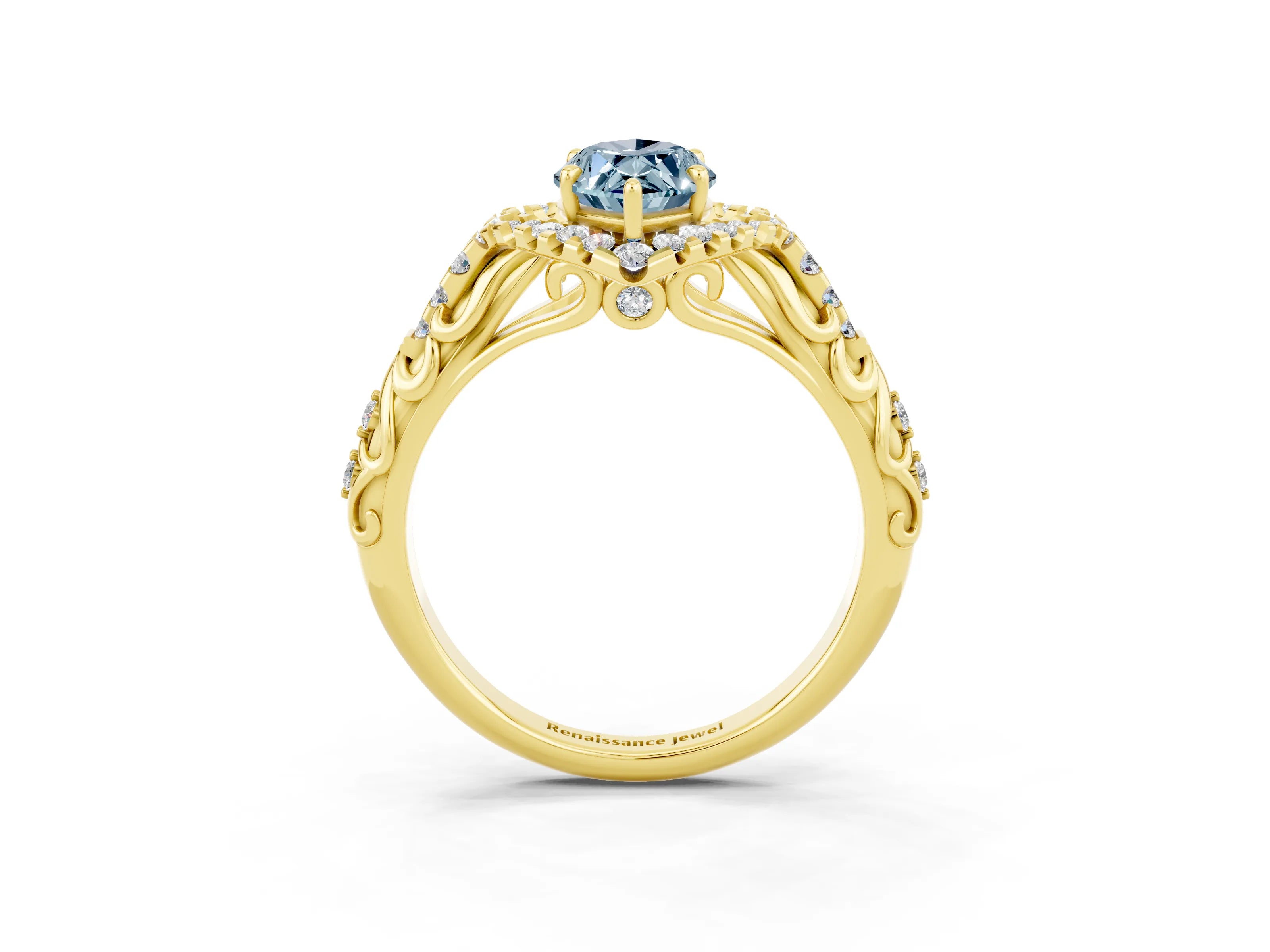 Yellow gold Marquise Cut Aquamarine Solitaire Ring with Hidden Halo and Pavé Band_37