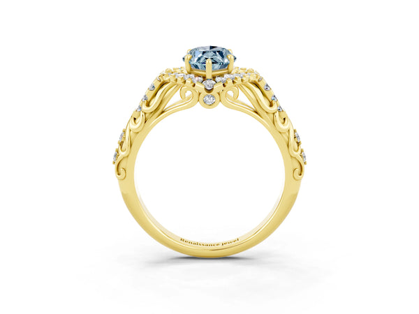 Yellow gold Marquise Cut Aquamarine Solitaire Ring with Hidden Halo and Pavé Band