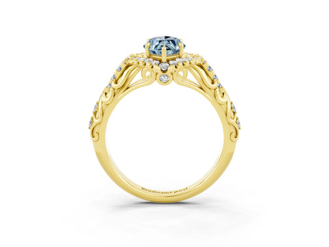 Yellow gold Marquise Cut Aquamarine Solitaire Ring with Hidden Halo and Pavé Band_37