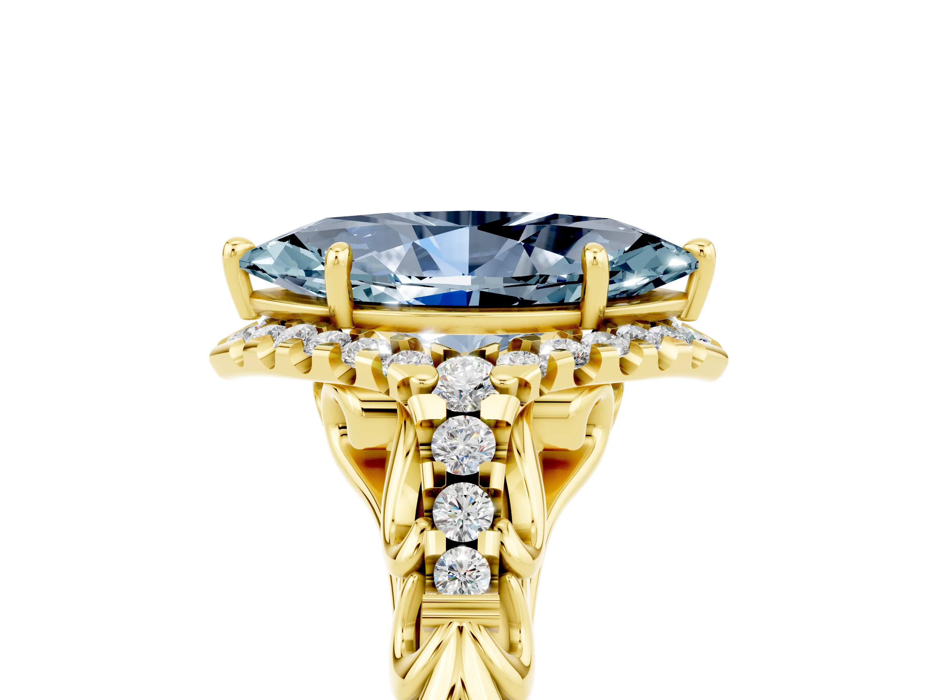 Yellow gold Marquise Cut Aquamarine Solitaire Ring with Hidden Halo and Pavé Band_39