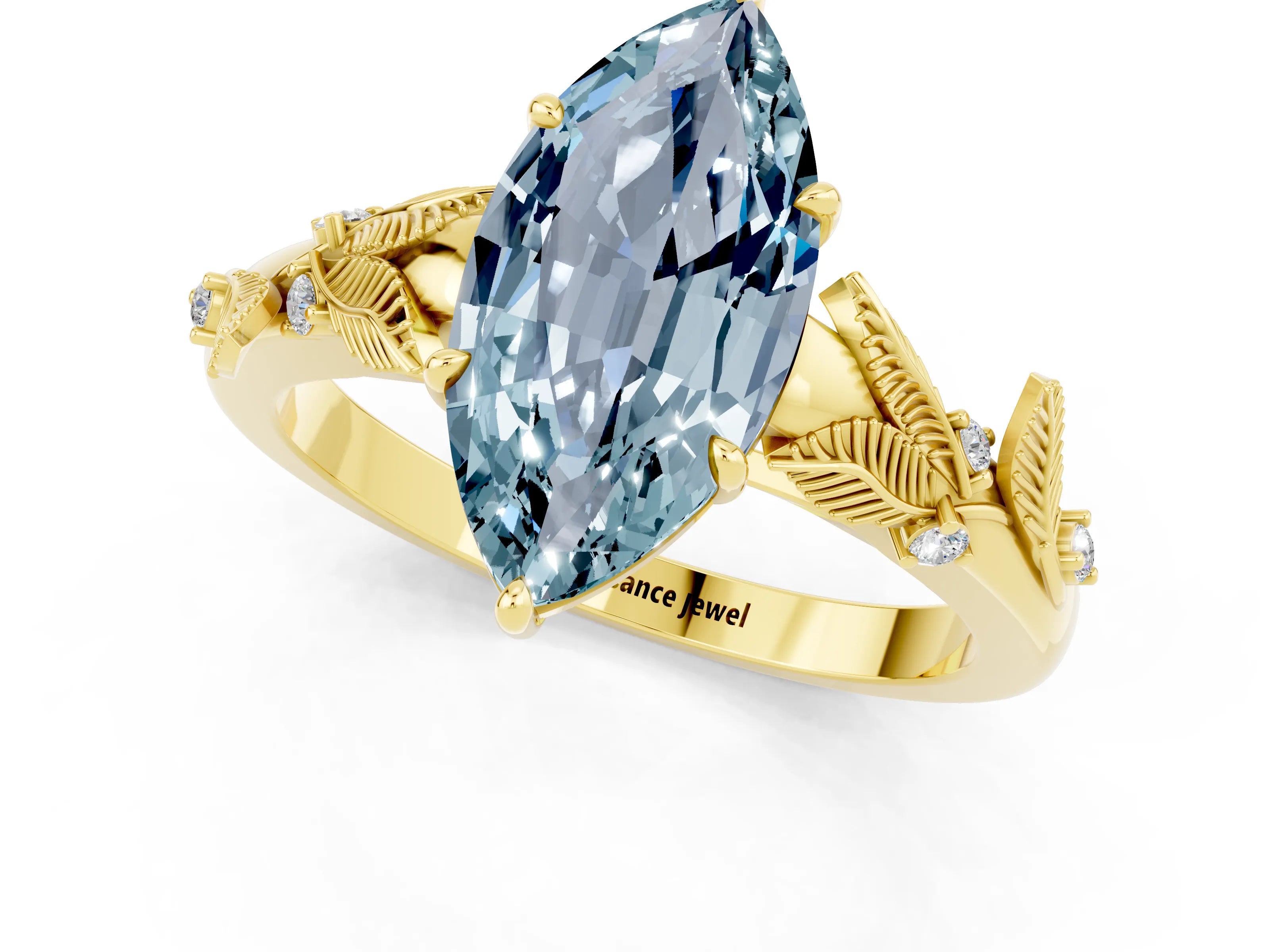 Yellow gold Marquise Cut Aquamarine Solitaire Ring with Leaf Motif Band and Four-Prong Setting_1