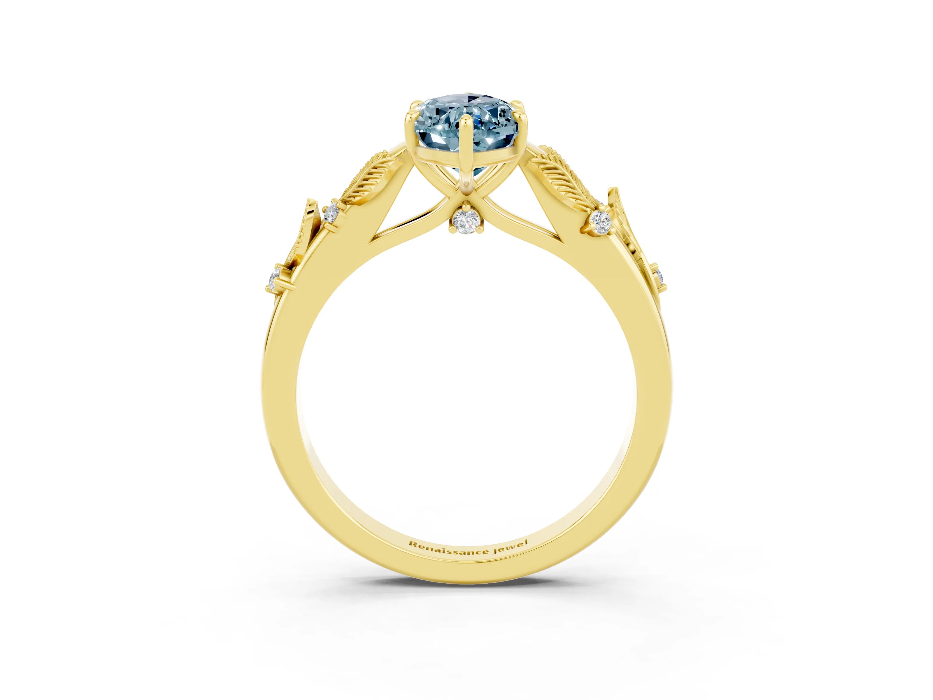 Yellow gold Marquise Cut Aquamarine Solitaire Ring with Leaf Motif Band and Four-Prong Setting_3