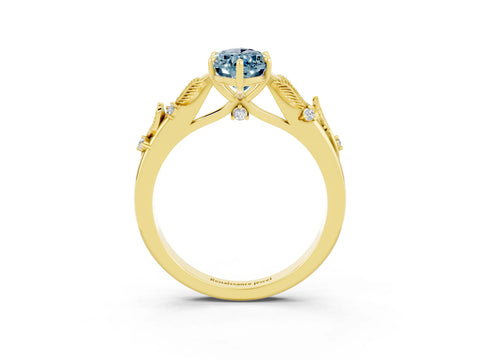Yellow gold Marquise Cut Aquamarine Solitaire Ring with Leaf Motif Band and Four-Prong Setting_3
