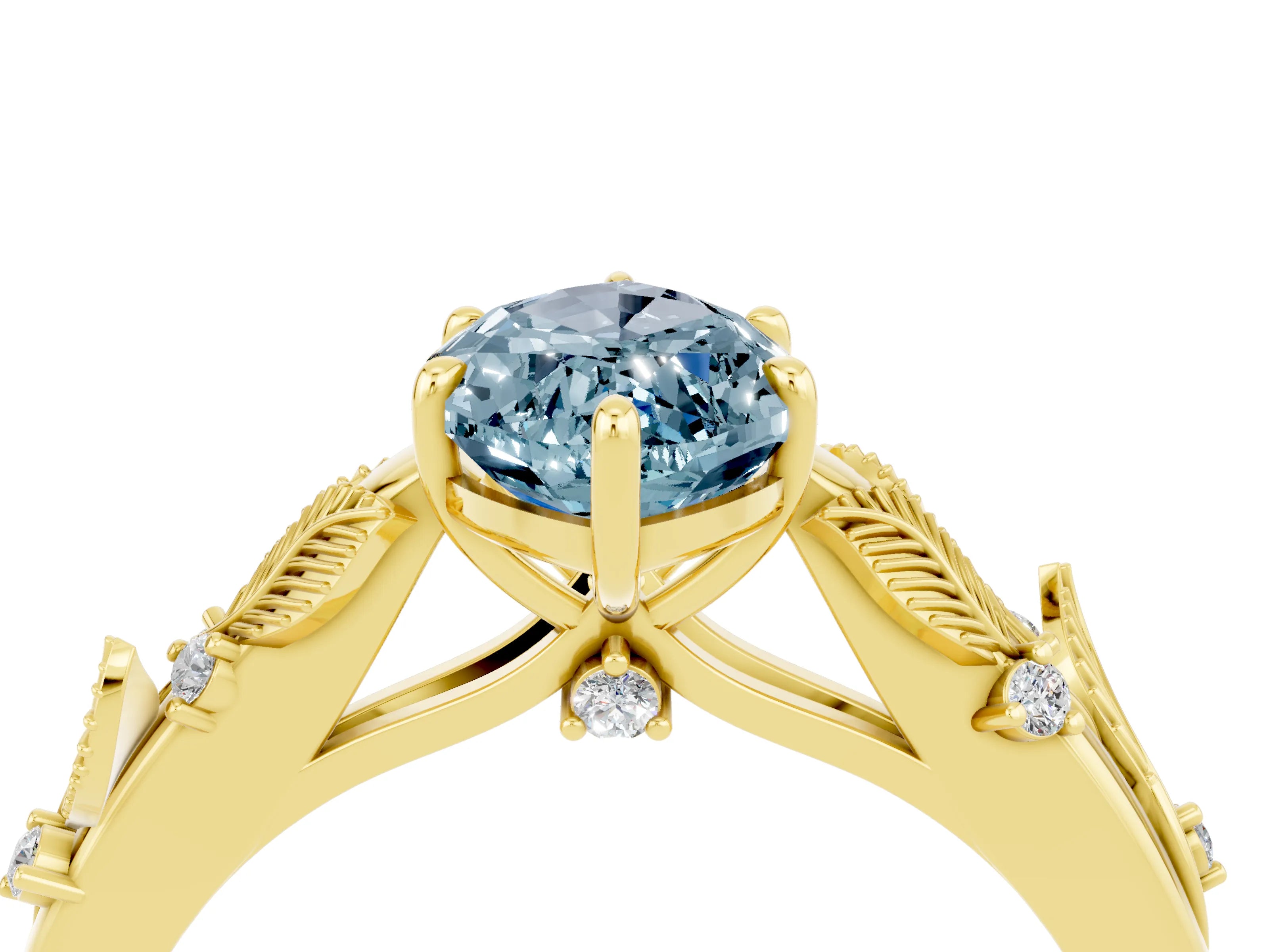 Yellow gold Marquise Cut Aquamarine Solitaire Ring with Leaf Motif Band and Four-Prong Setting_4