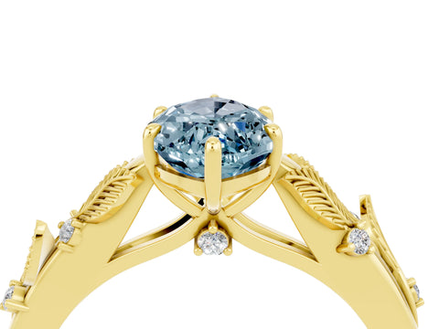 Yellow gold Marquise Cut Aquamarine Solitaire Ring with Leaf Motif Band and Four-Prong Setting_4
