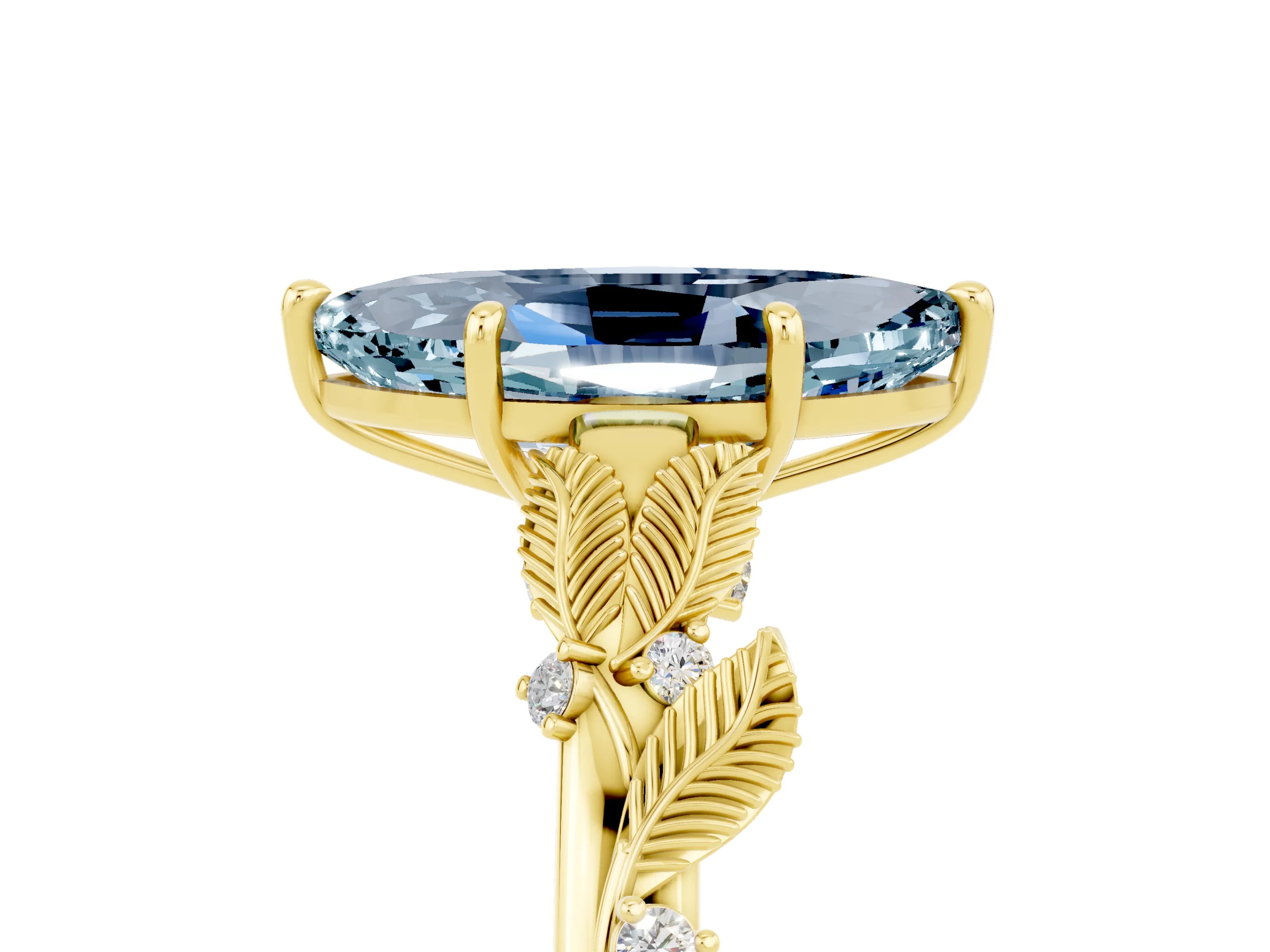 Yellow gold Marquise Cut Aquamarine Solitaire Ring with Leaf Motif Band and Four-Prong Setting_5