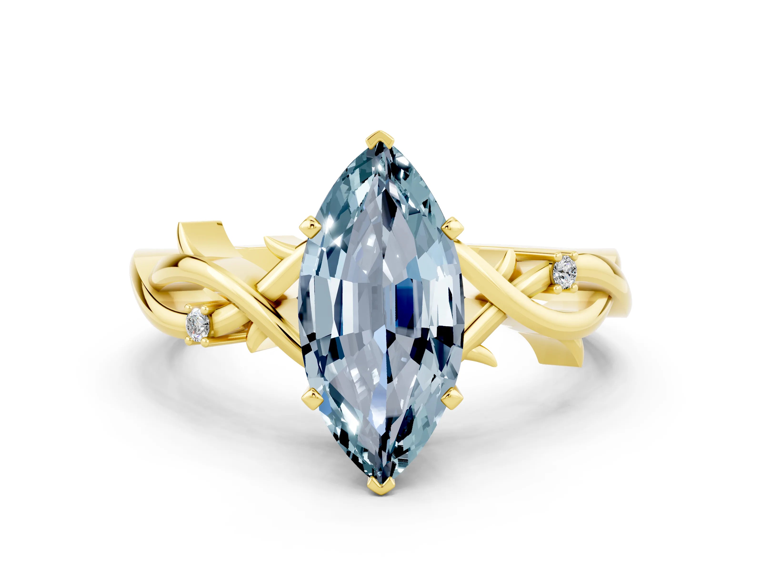 Yellow gold Marquise Cut Aquamarine Solitaire Ring with Milgrain Pavé Band and Four-Prong Setting_12